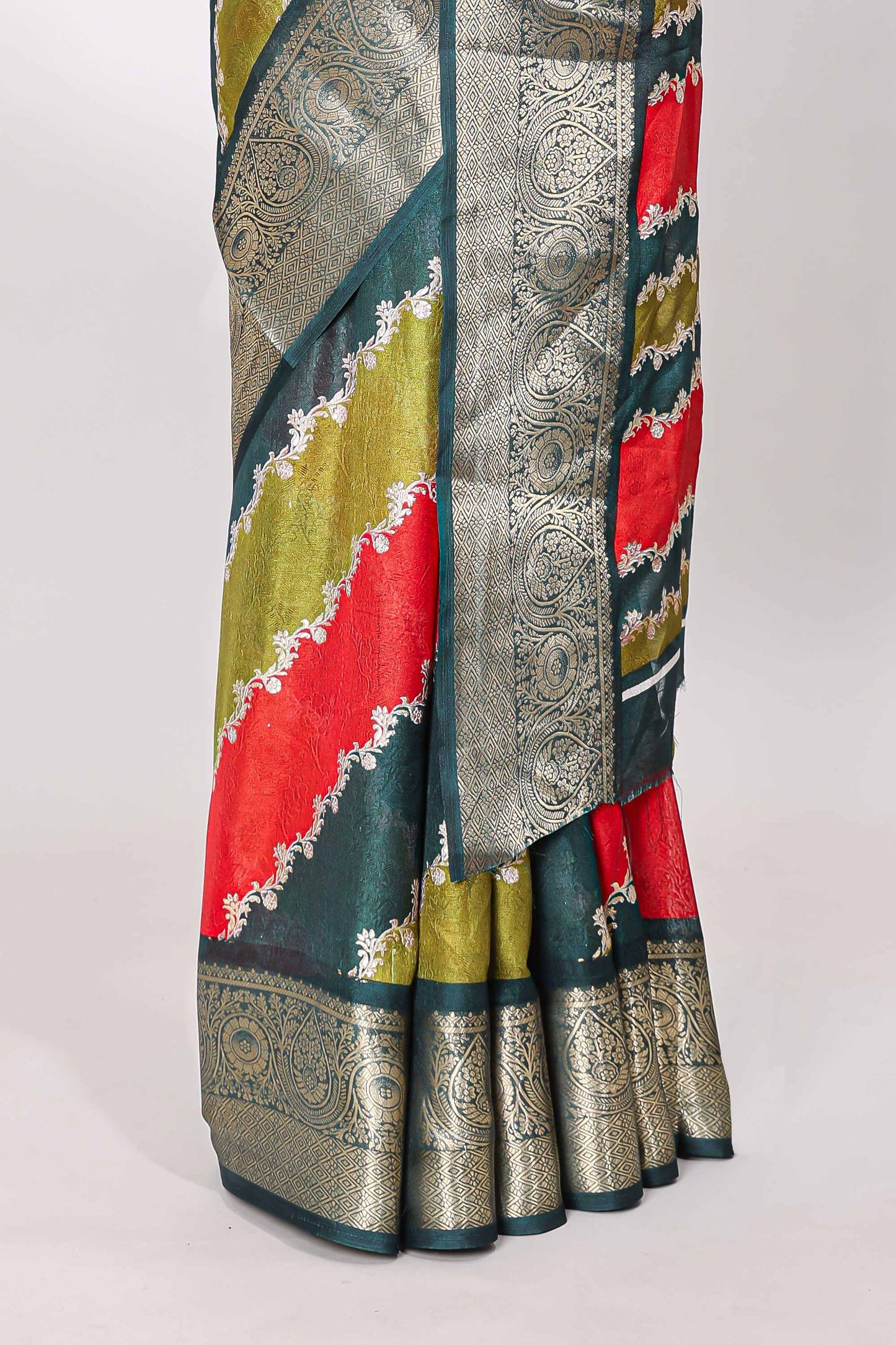 Marsh mellow multicolor laheriya stripe saree with gold zari green border and matching blouse