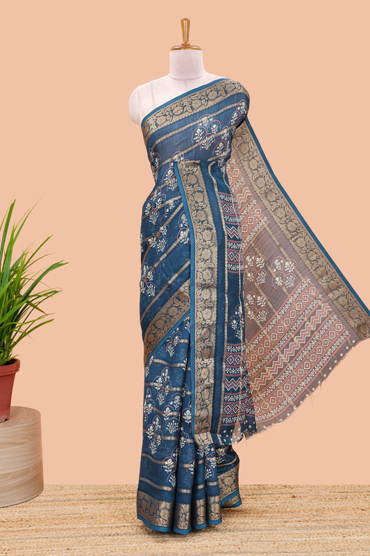 Blue striped marsh georgette saree with floral motifs and printed pallu and blouse