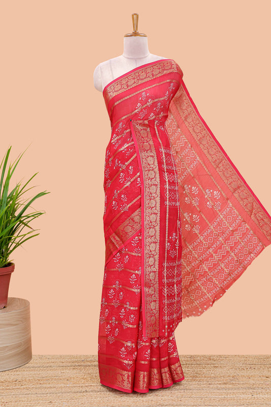 Red striped marsh georgette saree with floral motifs and printed pallu and blouse