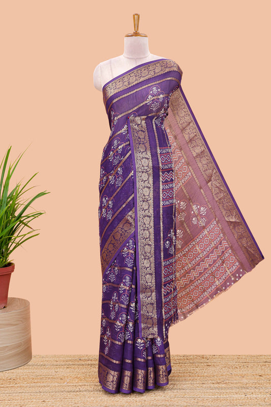 Purple striped marsh georgette saree with floral motifs and printed pallu and blouse