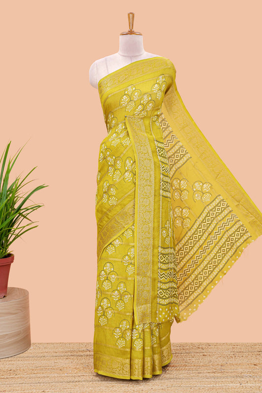 Yellow striped marsh georgette saree with floral motifs and printed pallu and blouse