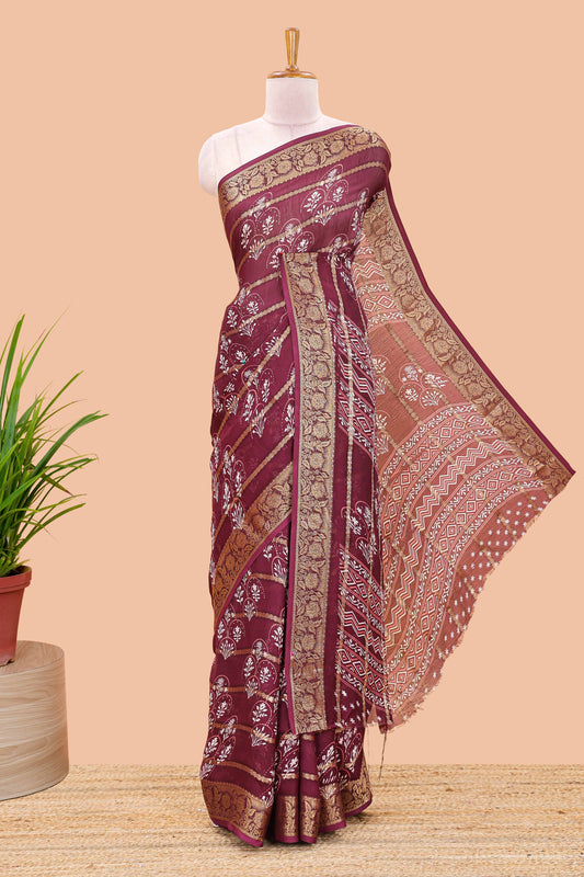 Marron striped marsh georgette saree with floral motifs and printed pallu and blouse