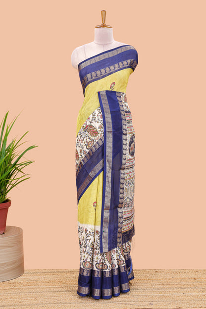 Yellow dola silk floral motifs saree with kalamkari inspired pallu and peacock zari border