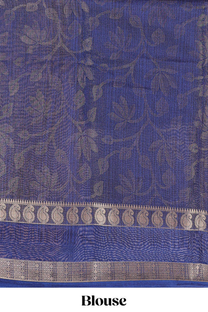 Blue dola silk floral motifs saree with kalamkari inspired pallu and peacock zari border