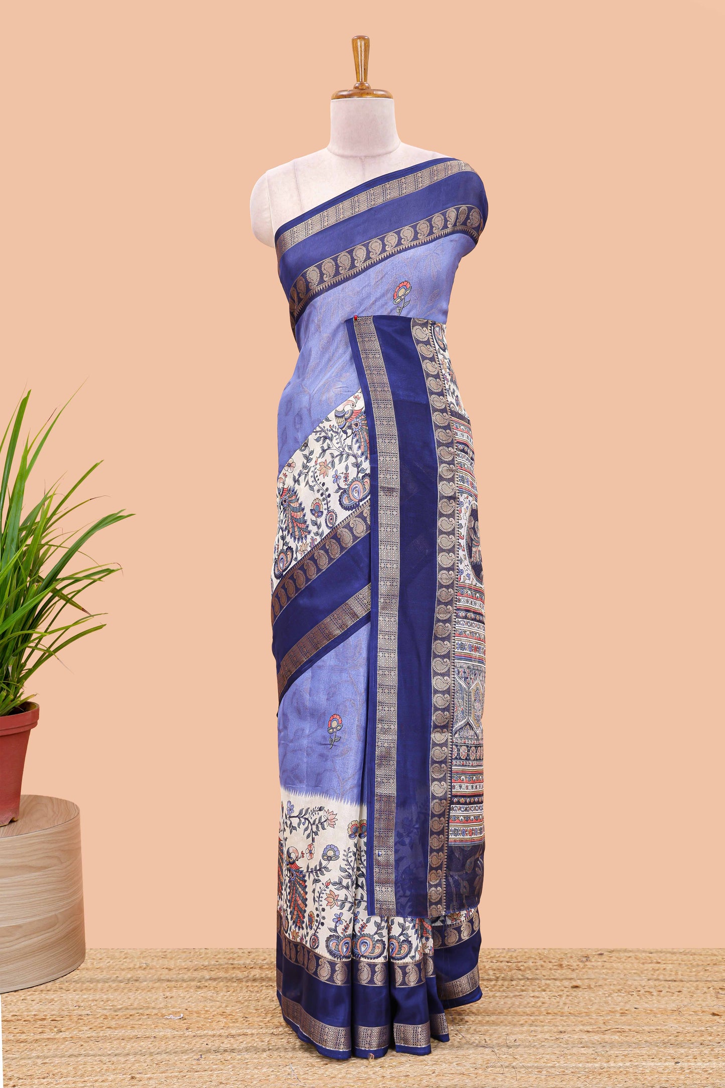 Lavender dola silk floral motifs saree with kalamkari inspired pallu and peacock zari border