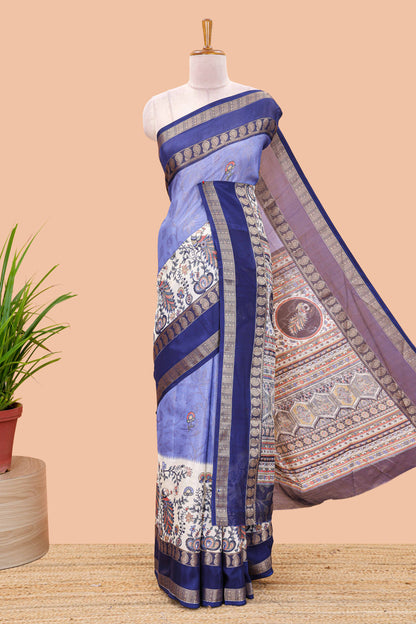 Lavender dola silk floral motifs saree with kalamkari inspired pallu and peacock zari border
