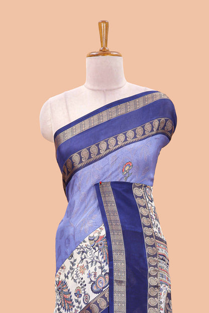 Lavender dola silk floral motifs saree with kalamkari inspired pallu and peacock zari border