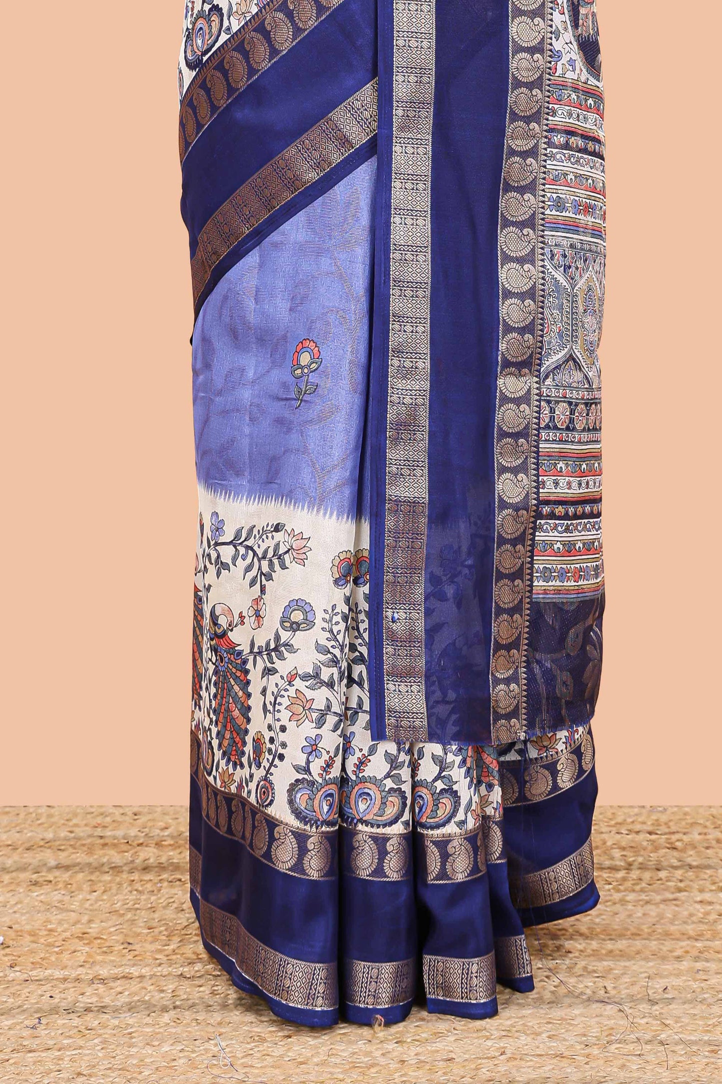 Lavender dola silk floral motifs saree with kalamkari inspired pallu and peacock zari border
