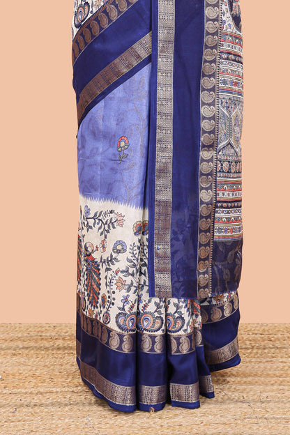 Lavender dola silk floral motifs saree with kalamkari inspired pallu and peacock zari border