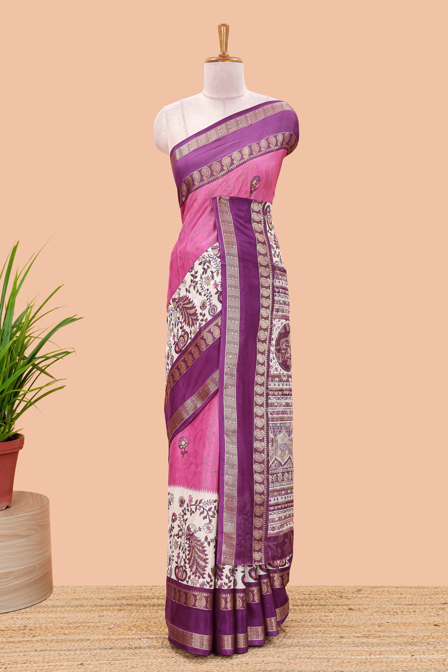 Purple dola silk floral motifs saree with kalamkari inspired pallu and peacock zari border