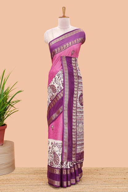 Purple dola silk floral motifs saree with kalamkari inspired pallu and peacock zari border