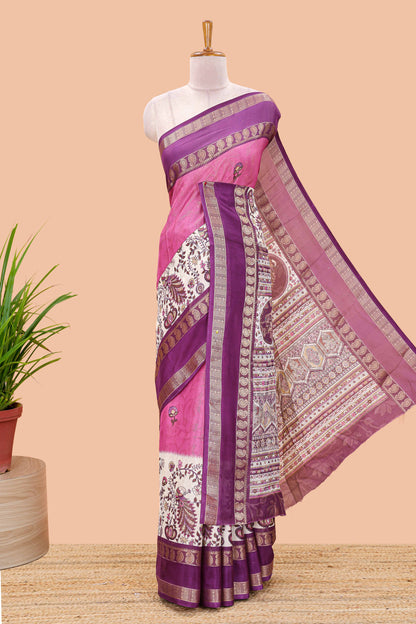 Purple dola silk floral motifs saree with kalamkari inspired pallu and peacock zari border