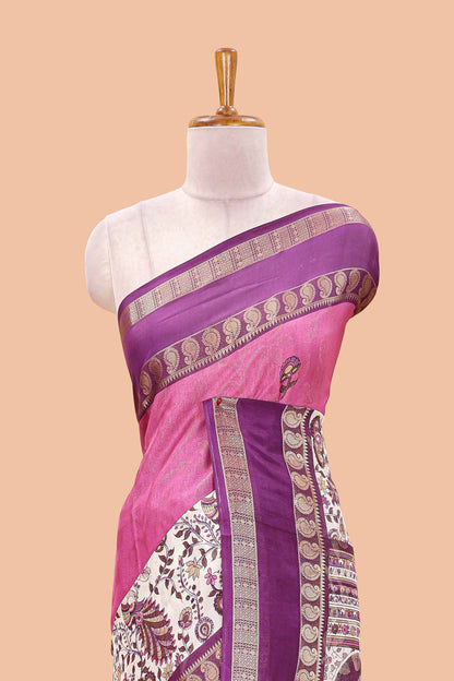 Purple dola silk floral motifs saree with kalamkari inspired pallu and peacock zari border
