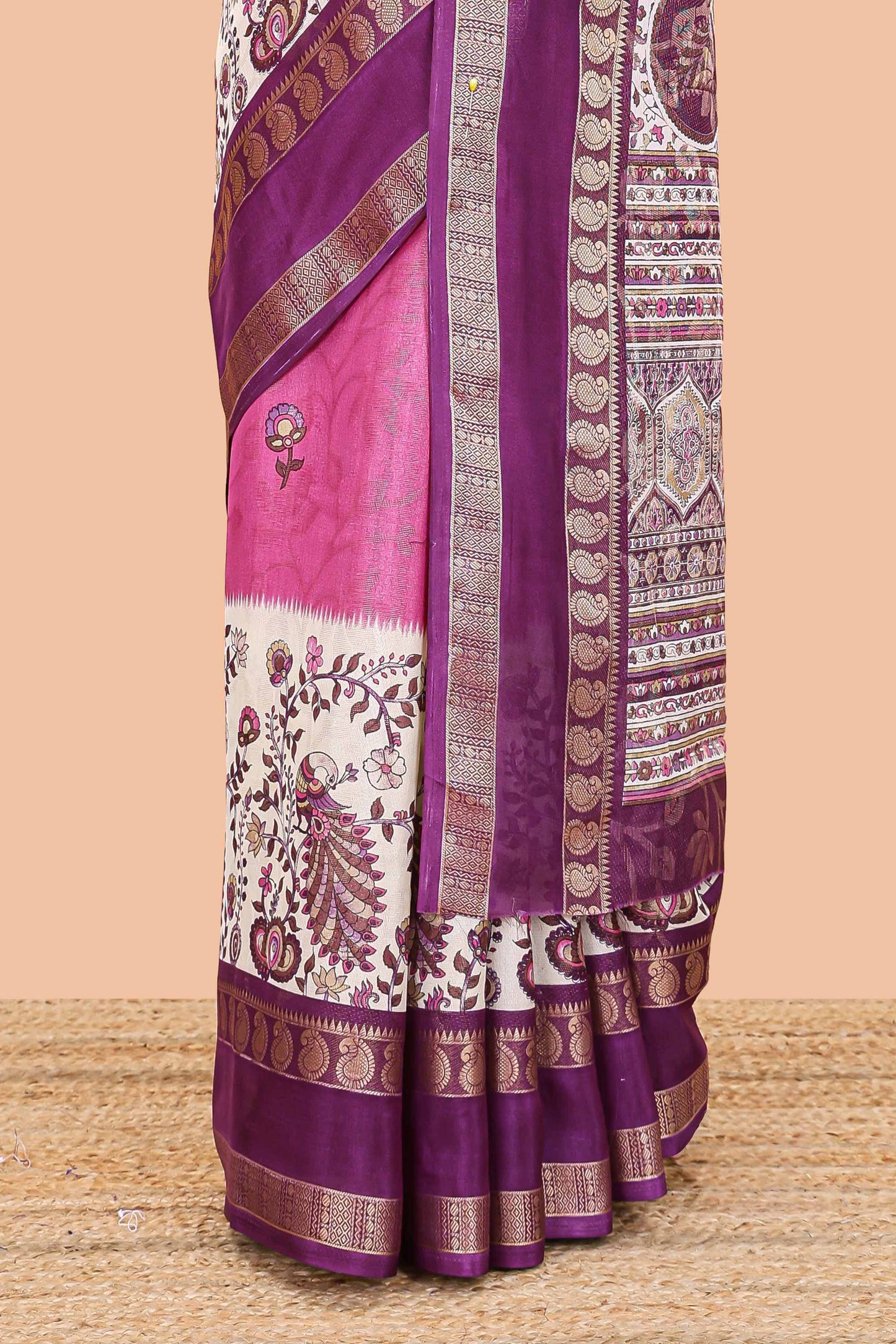 Purple dola silk floral motifs saree with kalamkari inspired pallu and peacock zari border
