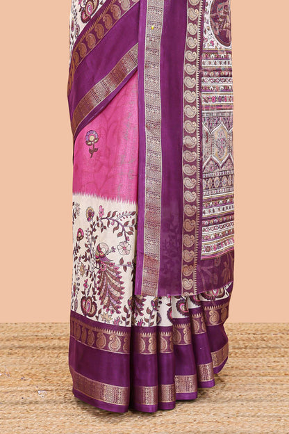 Purple dola silk floral motifs saree with kalamkari inspired pallu and peacock zari border