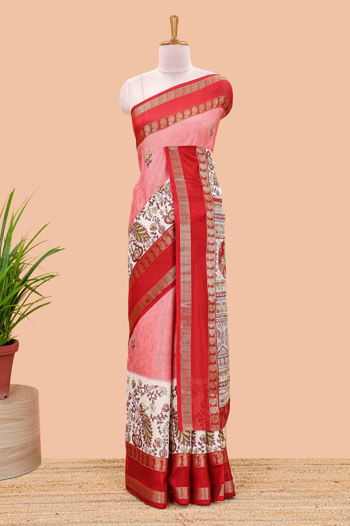 Pink dola silk floral motifs saree with kalamkari inspired pallu and peacock zari border