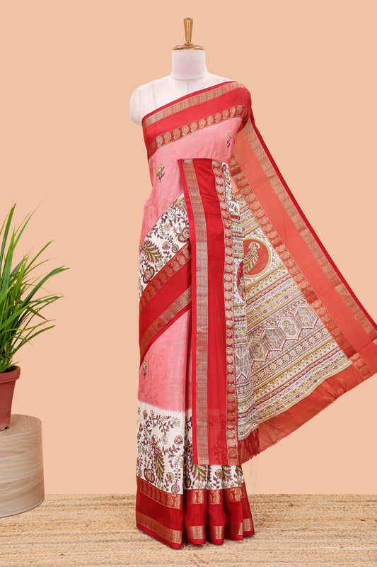 Pink dola silk floral motifs saree with kalamkari inspired pallu and peacock zari border