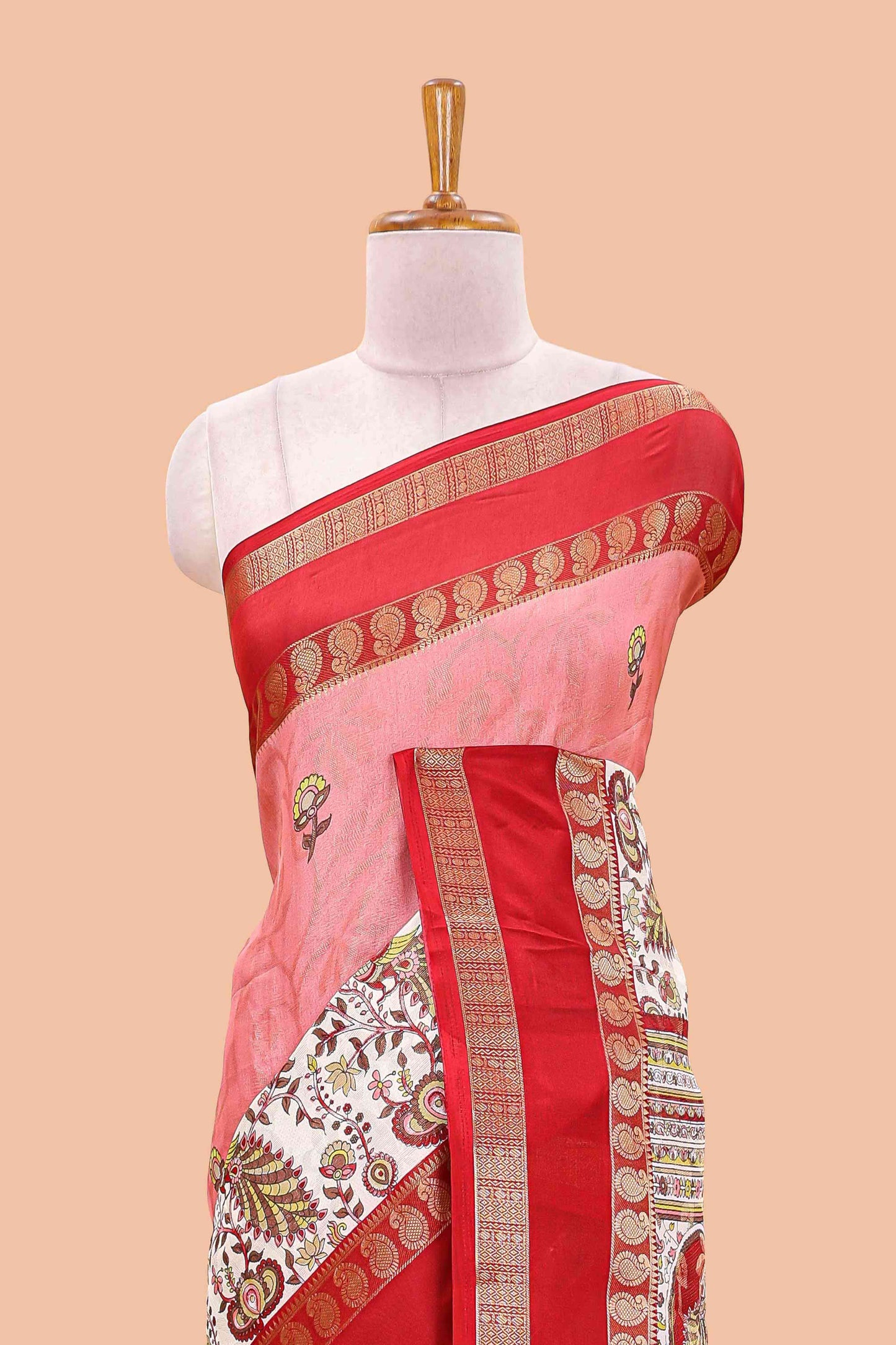 Pink dola silk floral motifs saree with kalamkari inspired pallu and peacock zari border