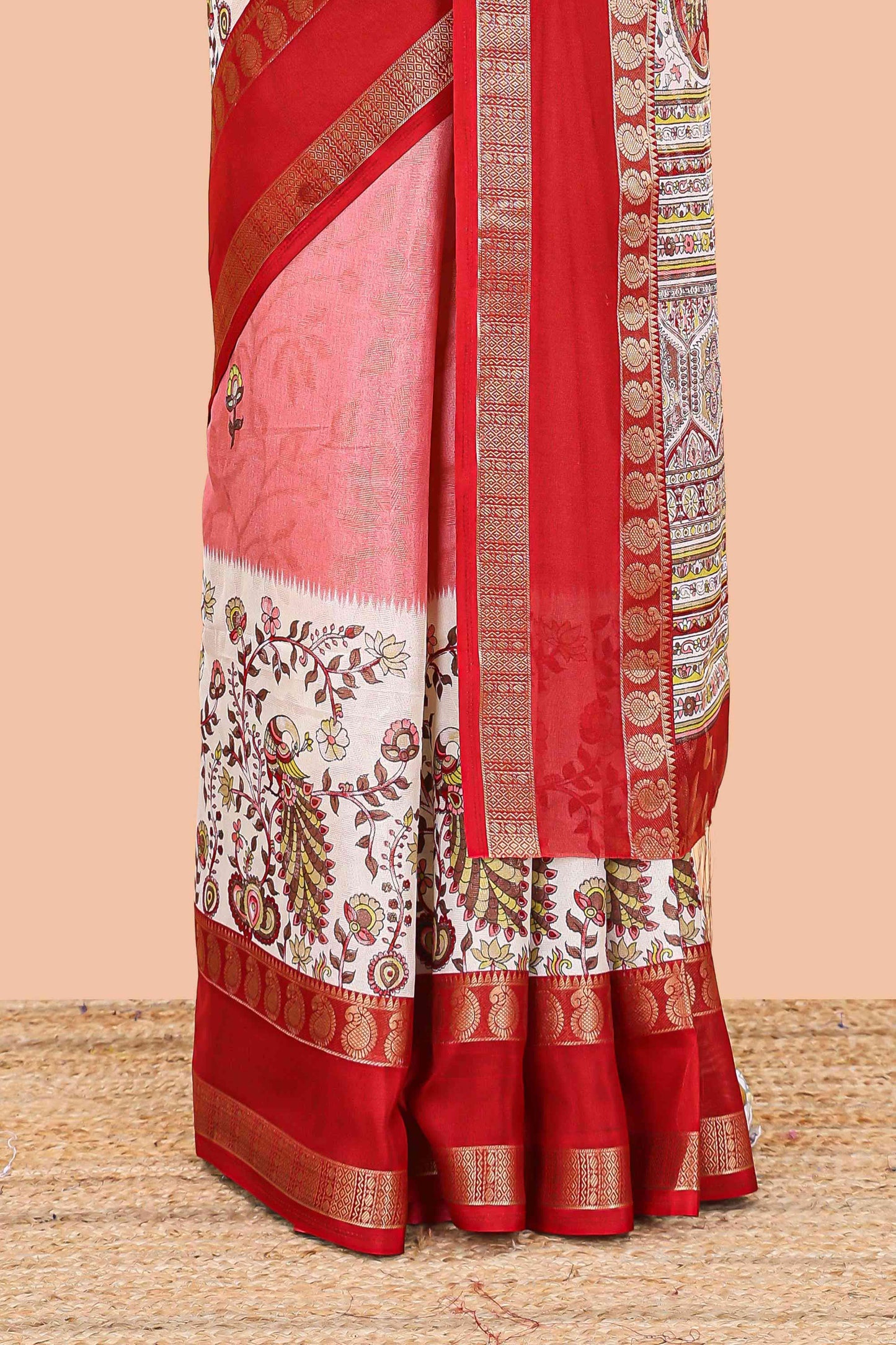 Pink dola silk floral motifs saree with kalamkari inspired pallu and peacock zari border
