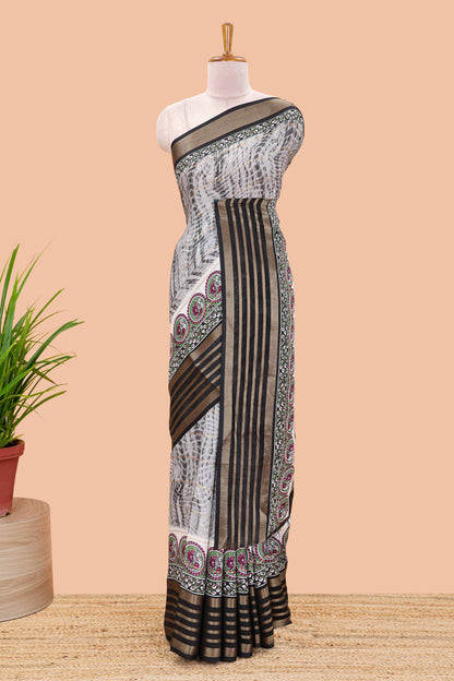 Grey marsh georgette saree with shibori print with gold zari stripes and contrast kalamkari style  peacock pallu