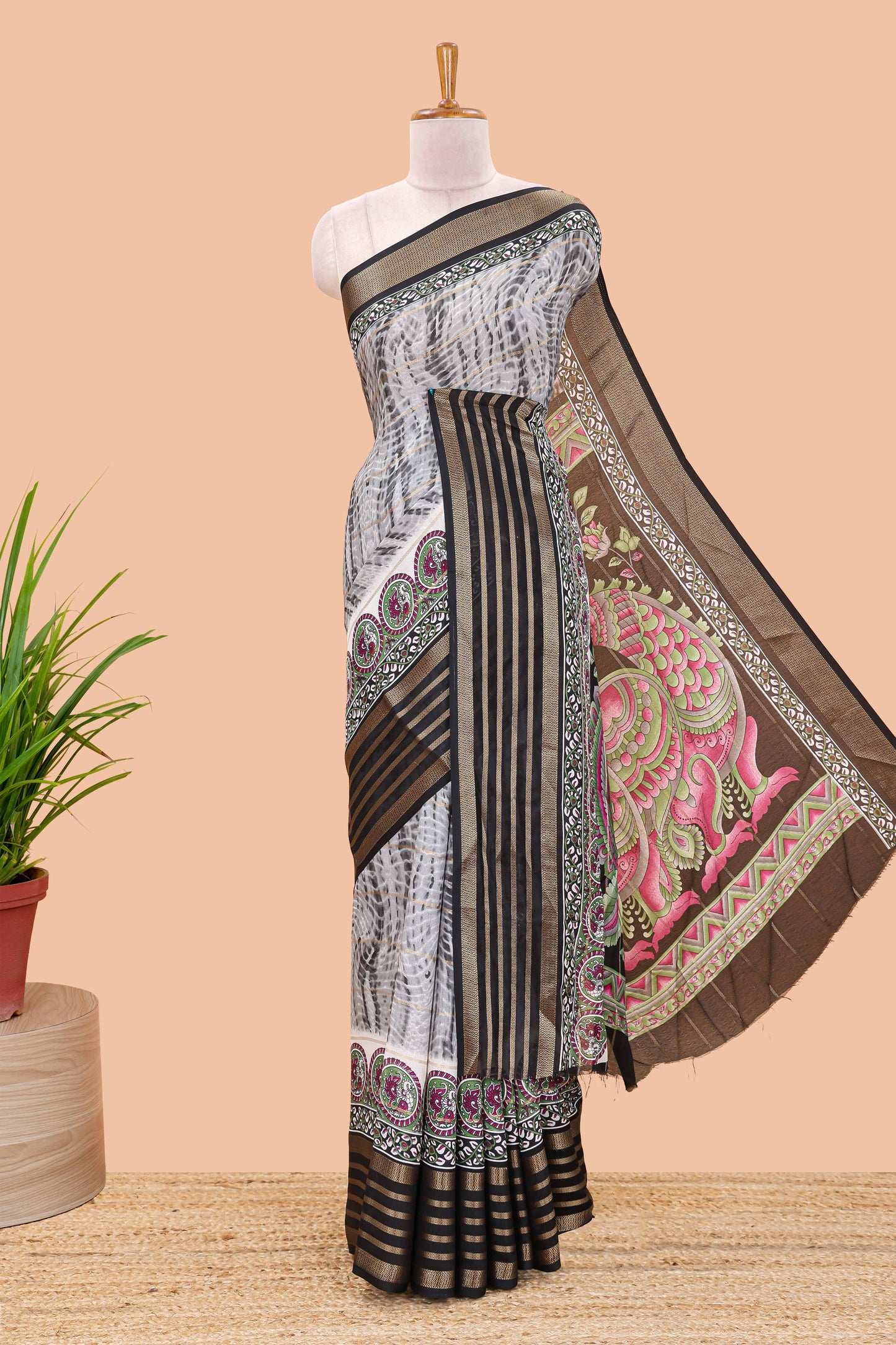 Grey marsh georgette saree with shibori print with gold zari stripes and contrast kalamkari style  peacock pallu