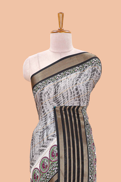 Grey marsh georgette saree with shibori print with gold zari stripes and contrast kalamkari style  peacock pallu