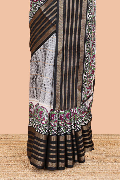 Grey marsh georgette saree with shibori print with gold zari stripes and contrast kalamkari style  peacock pallu