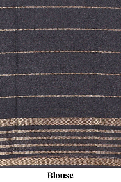 Grey marsh georgette saree with shibori print with gold zari stripes and contrast kalamkari style  peacock pallu