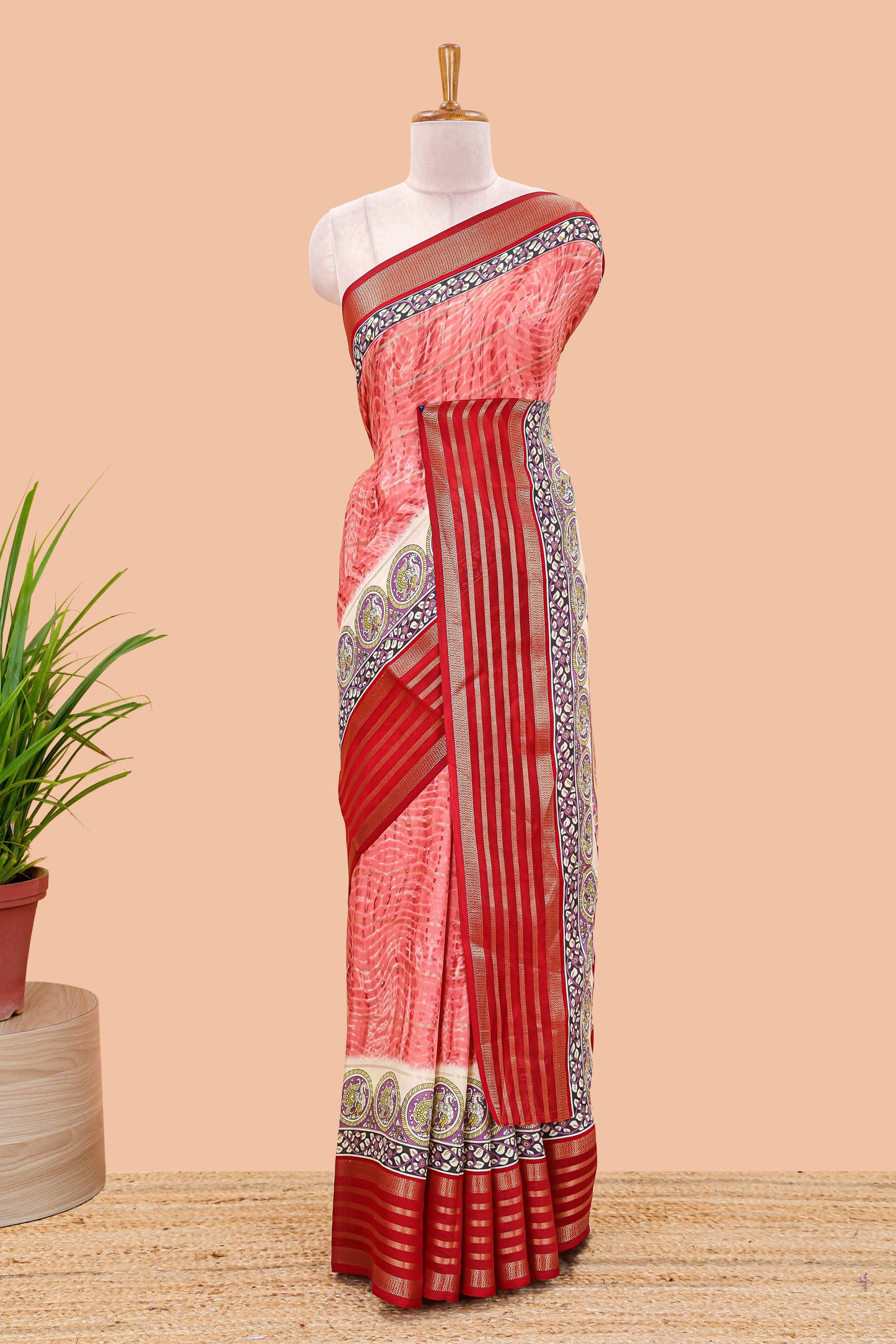 Red marsh georgette saree with shibori print with gold zari stripes and contrast kalamkari style  peacock pallu