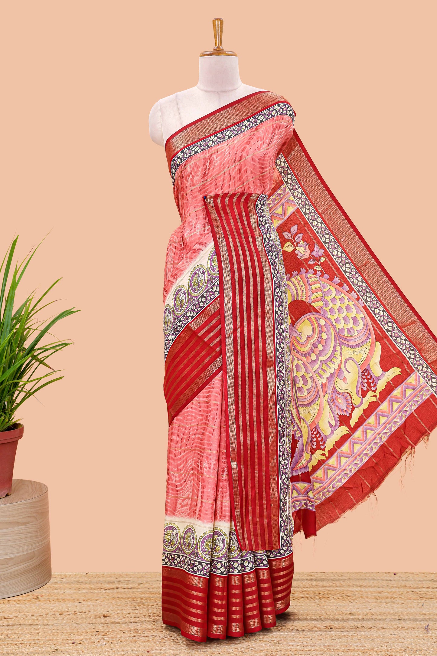 Red marsh georgette saree with shibori print with gold zari stripes and contrast kalamkari style  peacock pallu