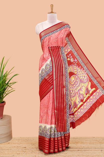 Red marsh georgette saree with shibori print with gold zari stripes and contrast kalamkari style  peacock pallu