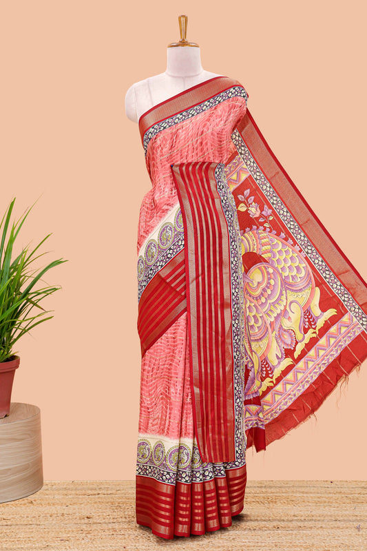 Red marsh georgette saree with shibori print with gold zari stripes and contrast kalamkari style  peacock pallu
