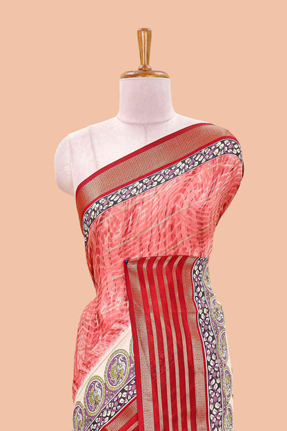 Red marsh georgette saree with shibori print with gold zari stripes and contrast kalamkari style  peacock pallu