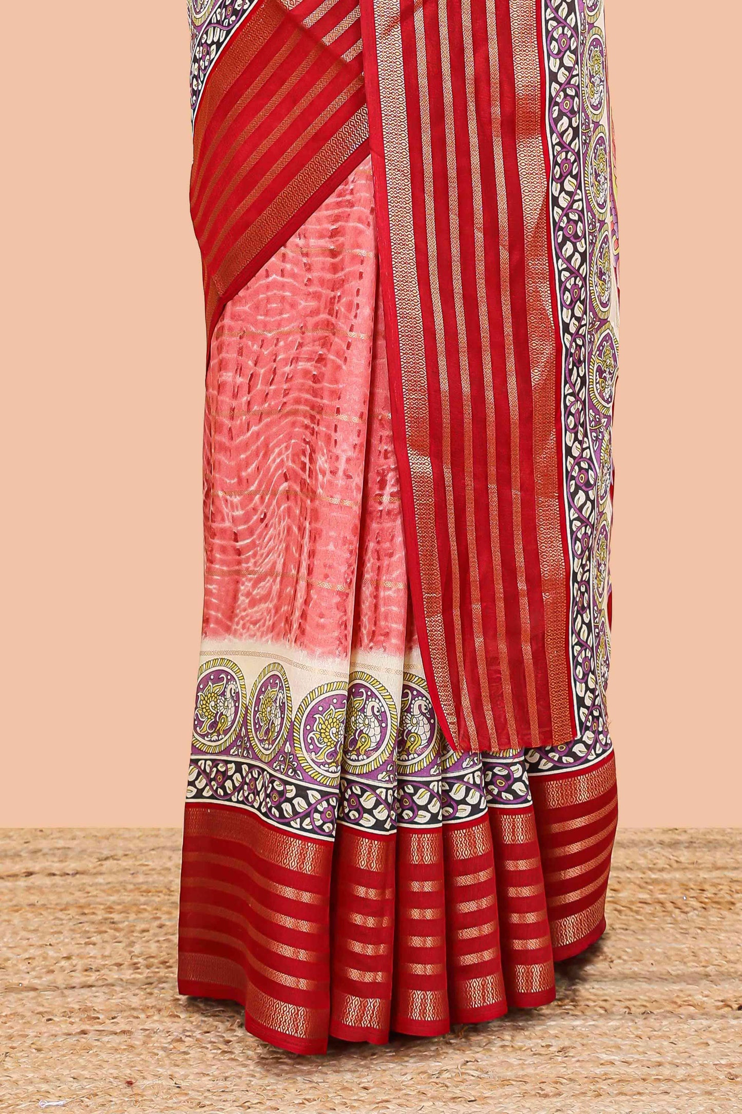 Red marsh georgette saree with shibori print with gold zari stripes and contrast kalamkari style  peacock pallu