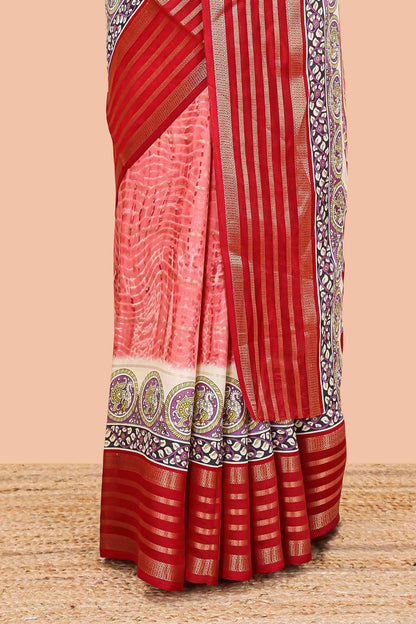 Red marsh georgette saree with shibori print with gold zari stripes and contrast kalamkari style  peacock pallu