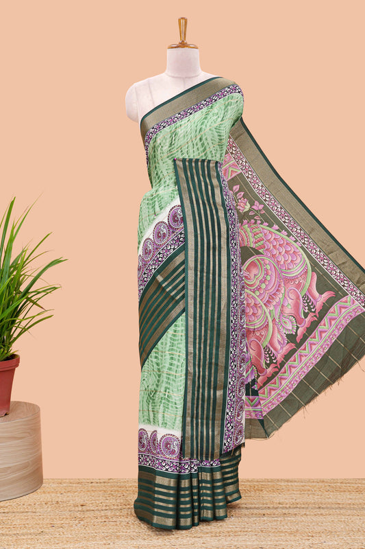 Green marsh georgette saree with shibori print with gold zari stripes and contrast kalamkari style  peacock pallu