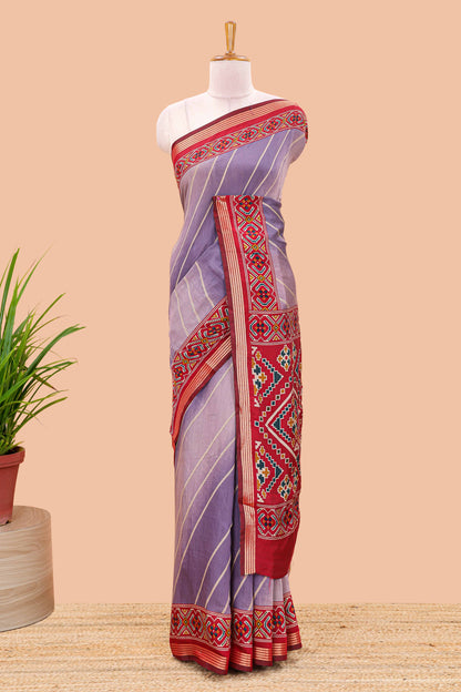 Lavender chanderi cotton saree featuring diagonal stripes and ikkat print pallu
