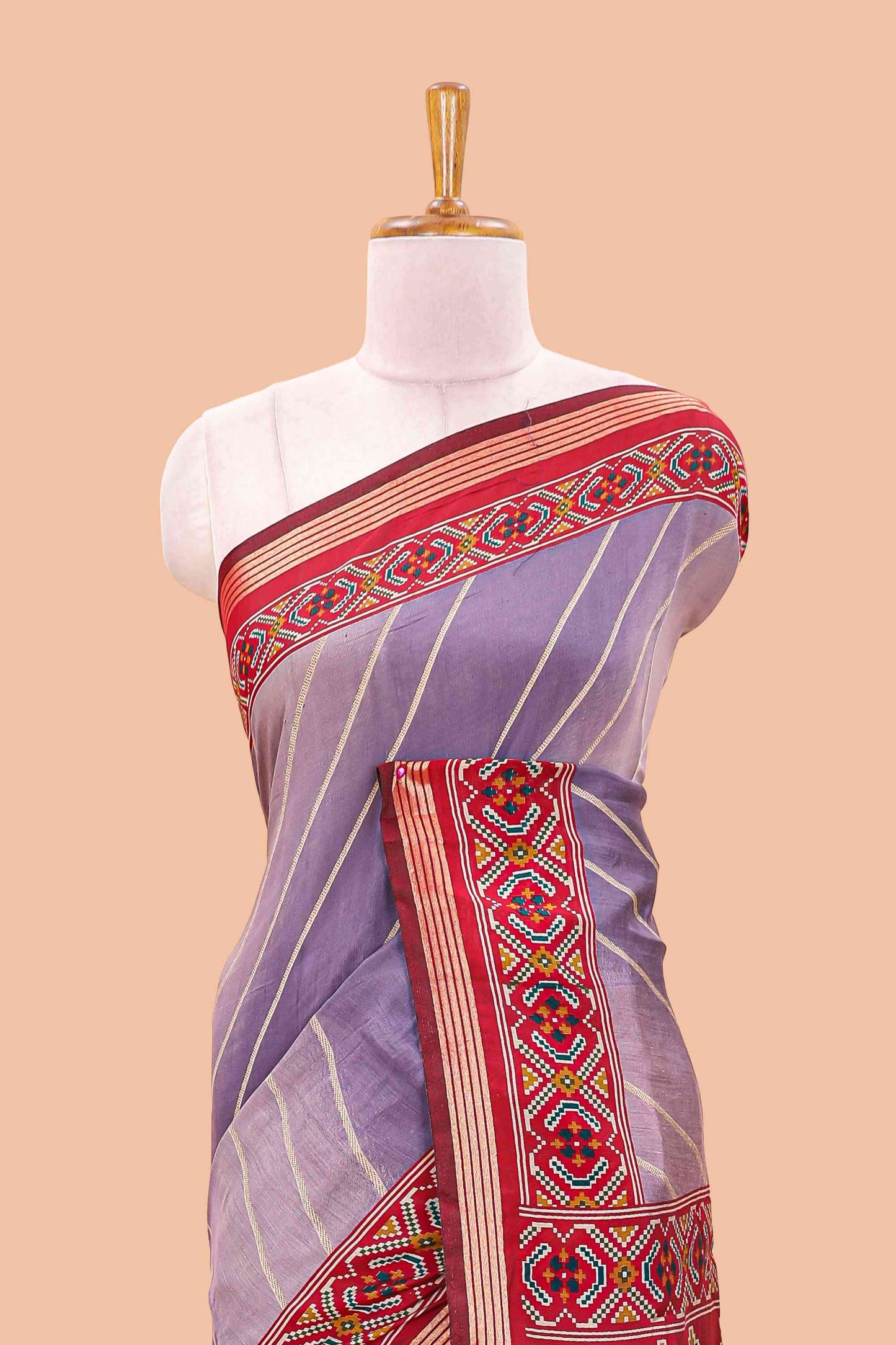 Lavender chanderi cotton saree featuring diagonal stripes and ikkat print pallu