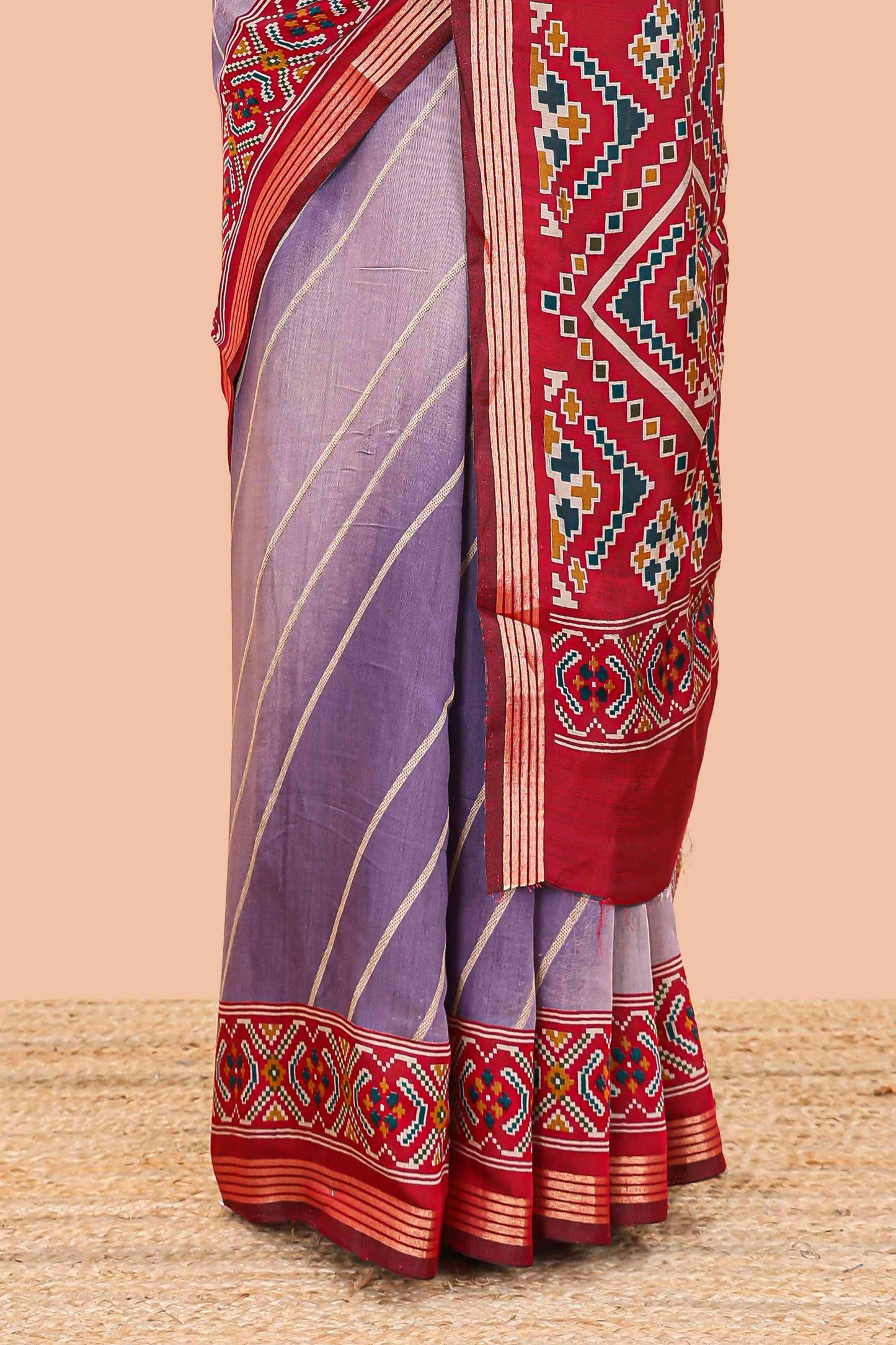 Lavender chanderi cotton saree featuring diagonal stripes and ikkat print pallu