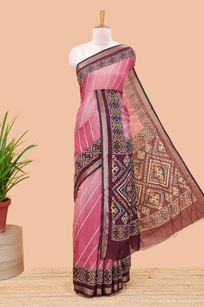 Pink chanderi cotton saree featuring diagonal stripes and ikkat print pallu