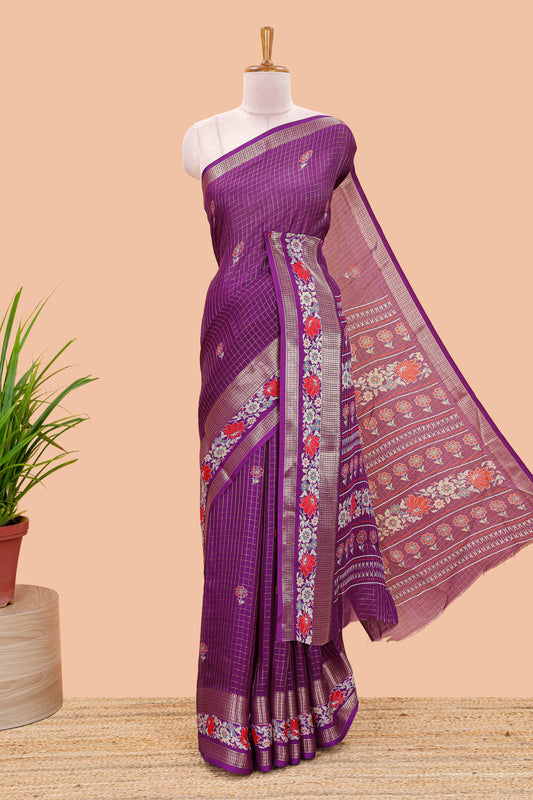 Purple marsh georgette saree with zari checks and floral printed pallu