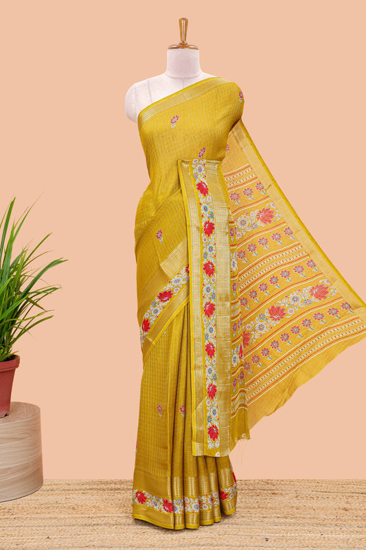 Mustard marsh georgette saree with zari checks and floral printed pallu