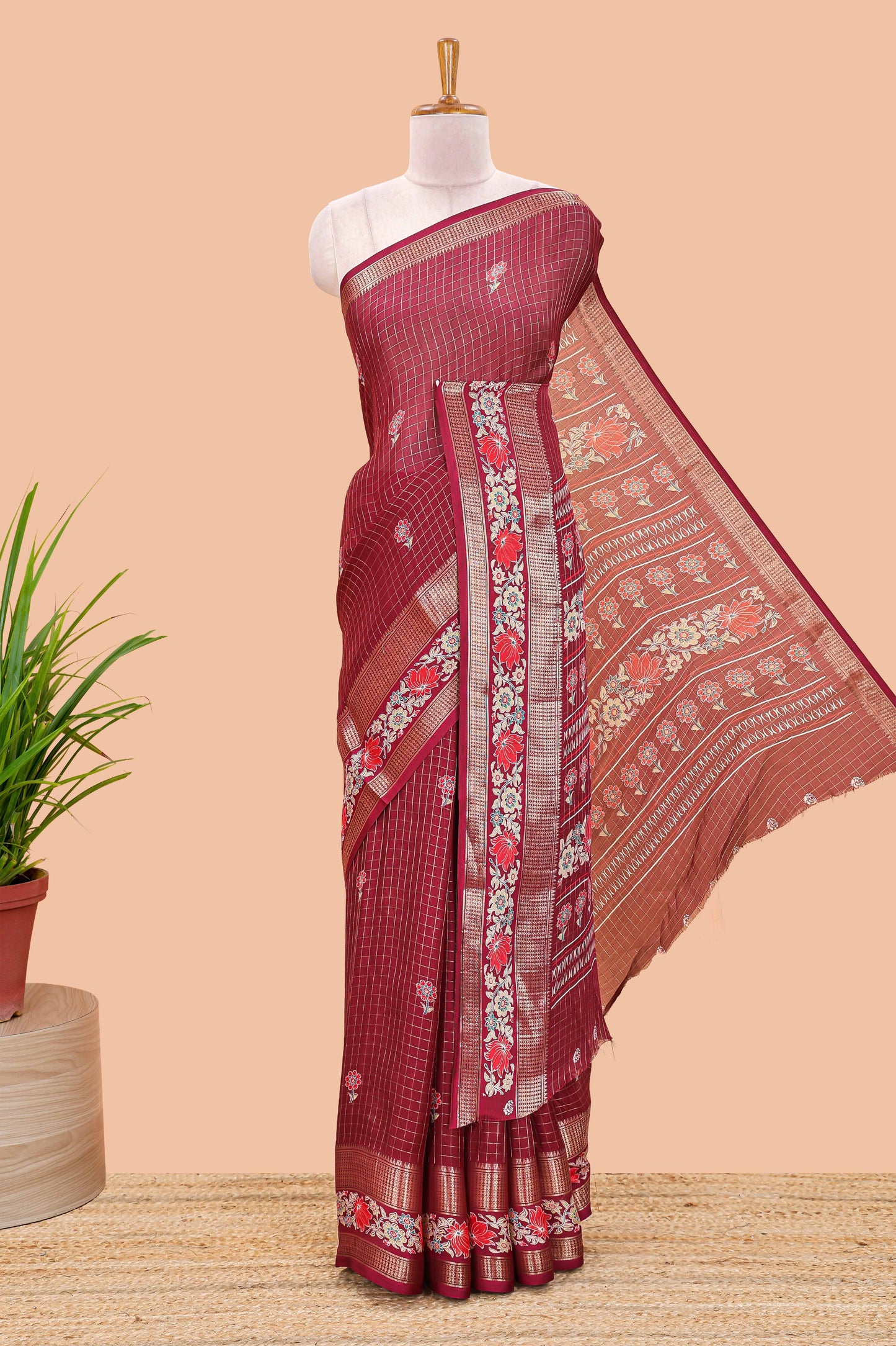 Maroon marsh georgette saree with zari checks and floral printed pallu
