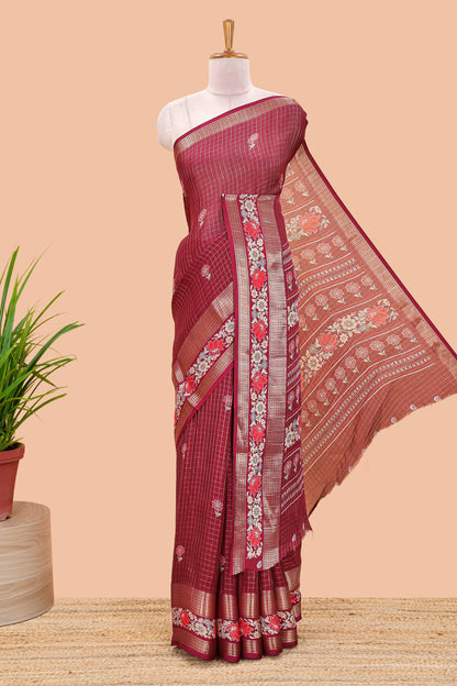 Maroon marsh georgette saree with zari checks and floral printed pallu