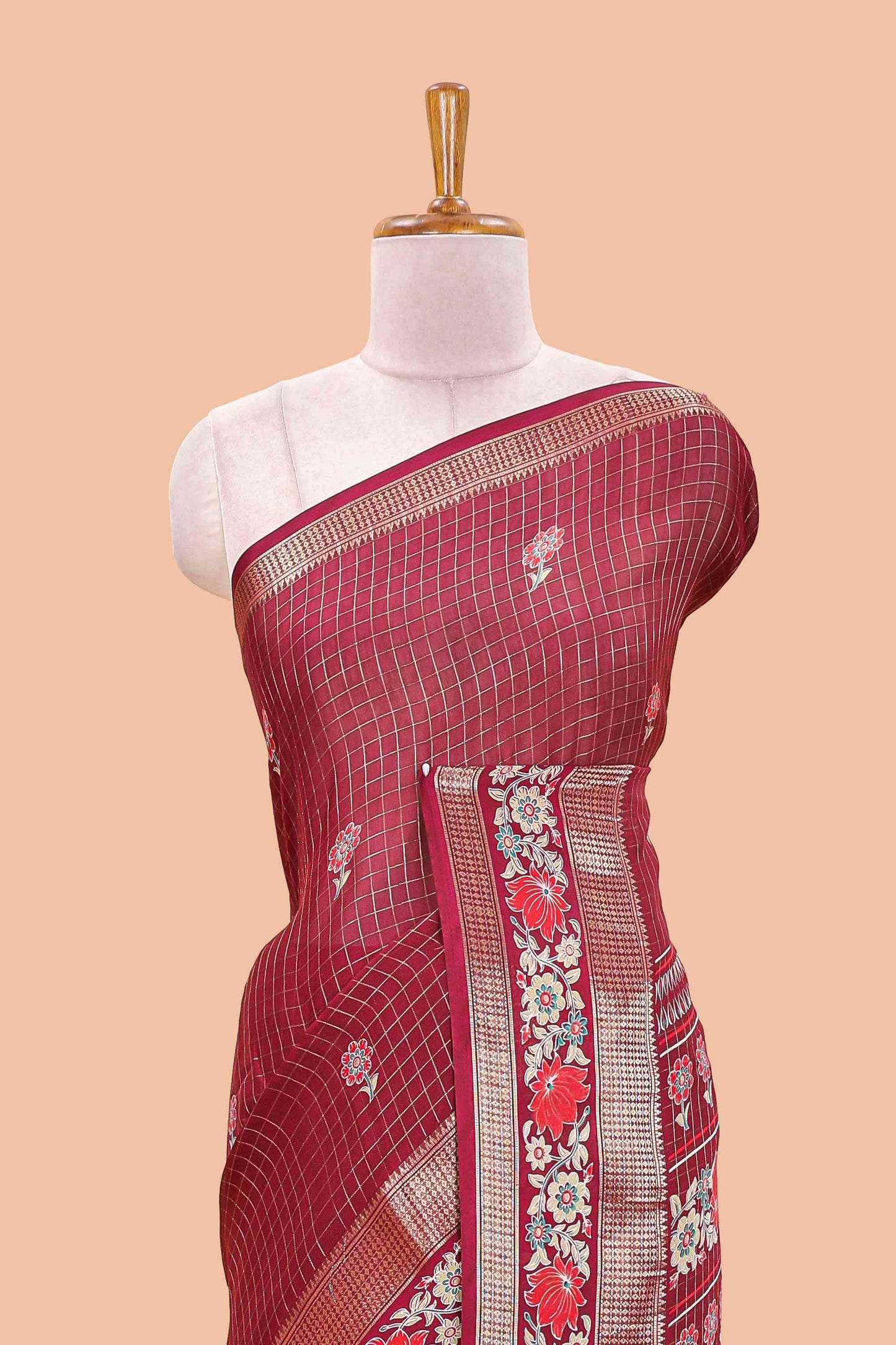 Maroon marsh georgette saree with zari checks and floral printed pallu