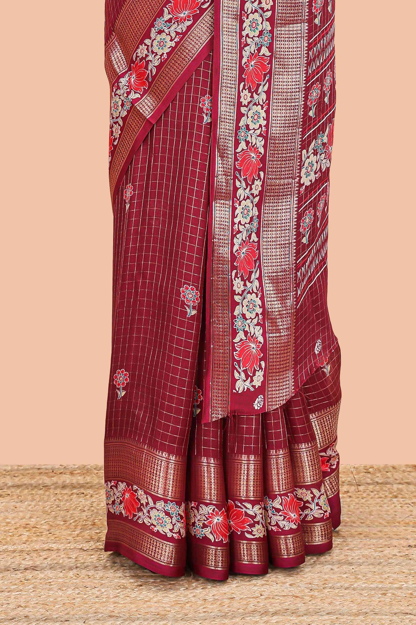 Maroon marsh georgette saree with zari checks and floral printed pallu