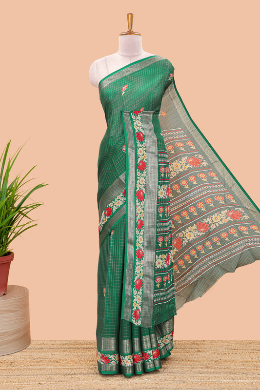 Green marsh georgette saree with zari checks and floral printed pallu