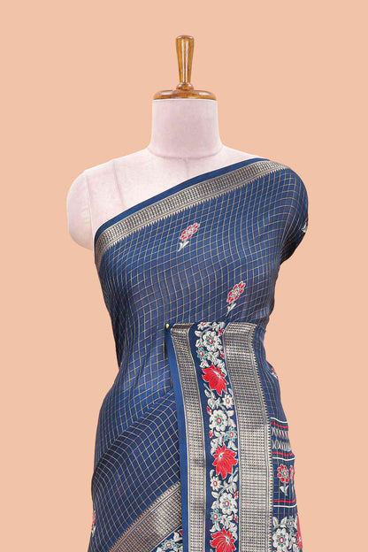 Blue marsh georgette saree with zari checks and floral printed pallu