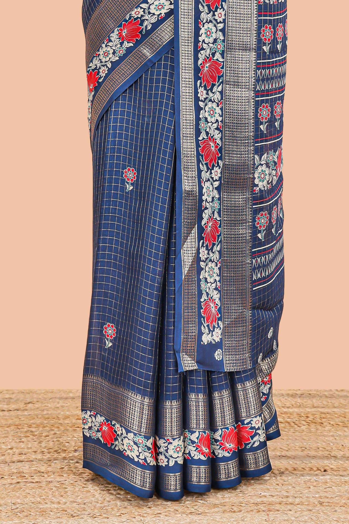 Blue marsh georgette saree with zari checks and floral printed pallu