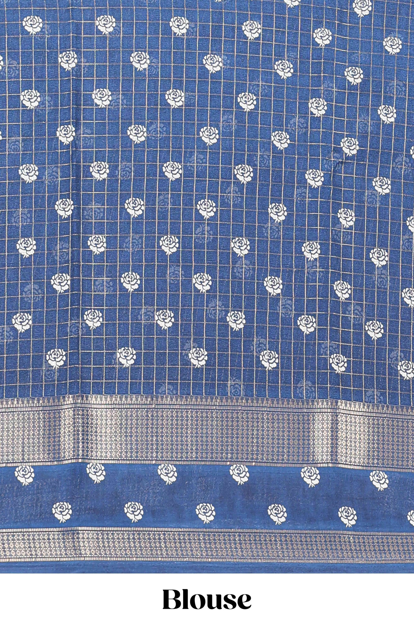 Blue marsh georgette saree with zari checks and floral printed pallu